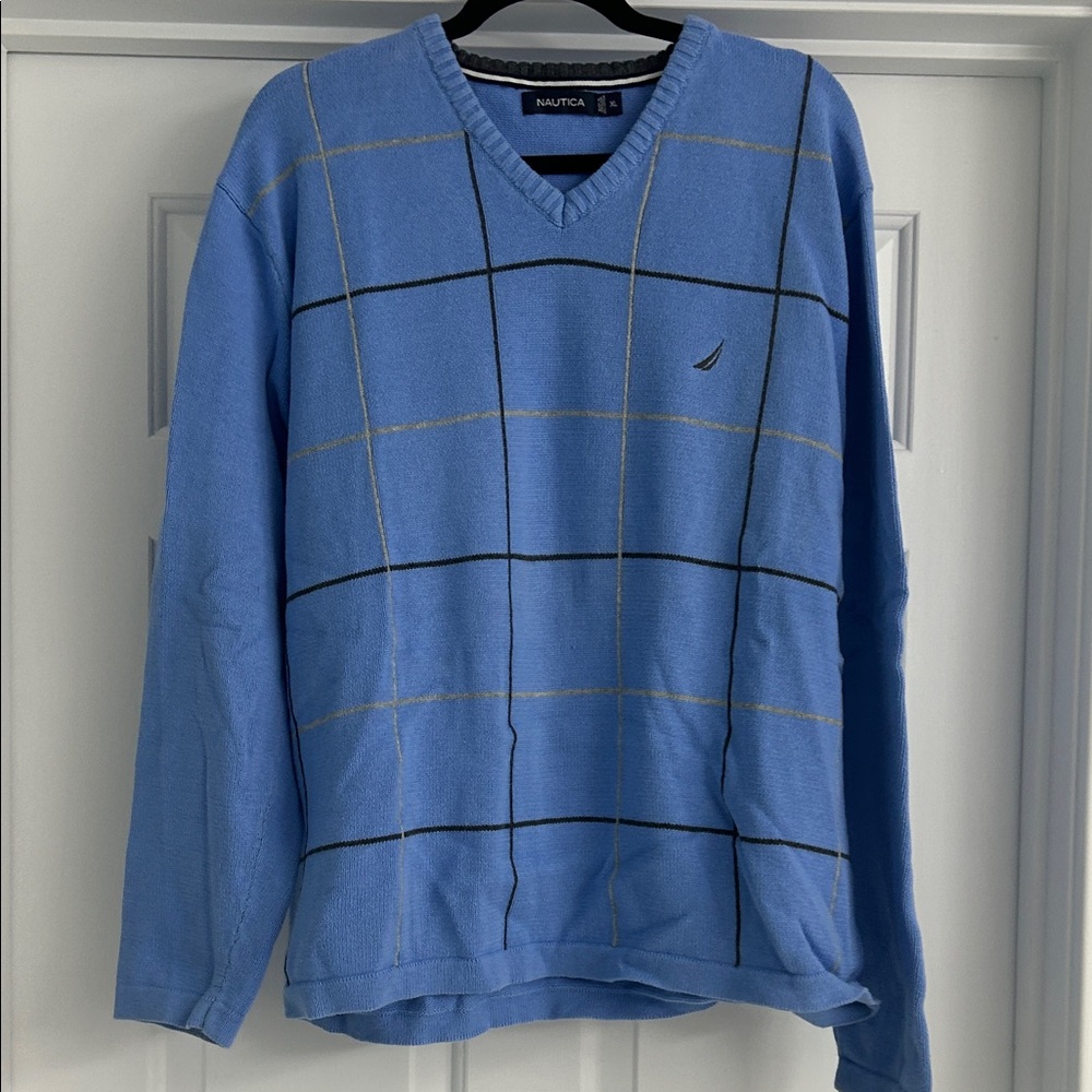 Nautica Men's V-Neck Sweater in Blue with Black Grid